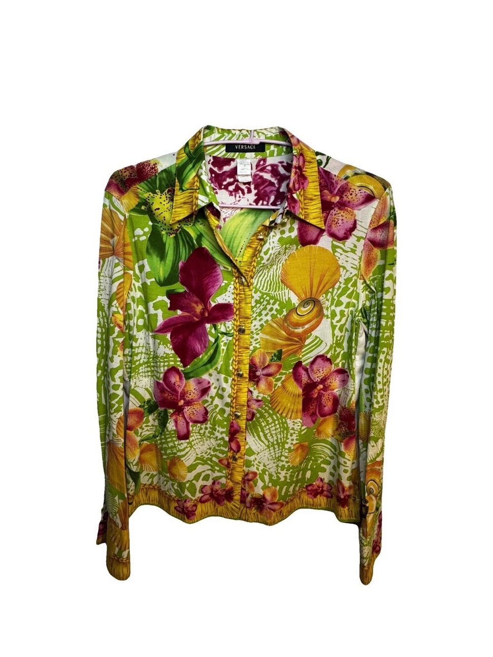 Versace Green Floral Silk Button-Front Shirt with Pink and Yellow Accents